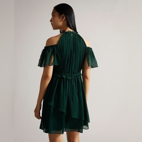 NWT Ted Baker London  Poppio Mini Dress in emerald green cold-shoulder Sz 8 - Picture 3 of 12